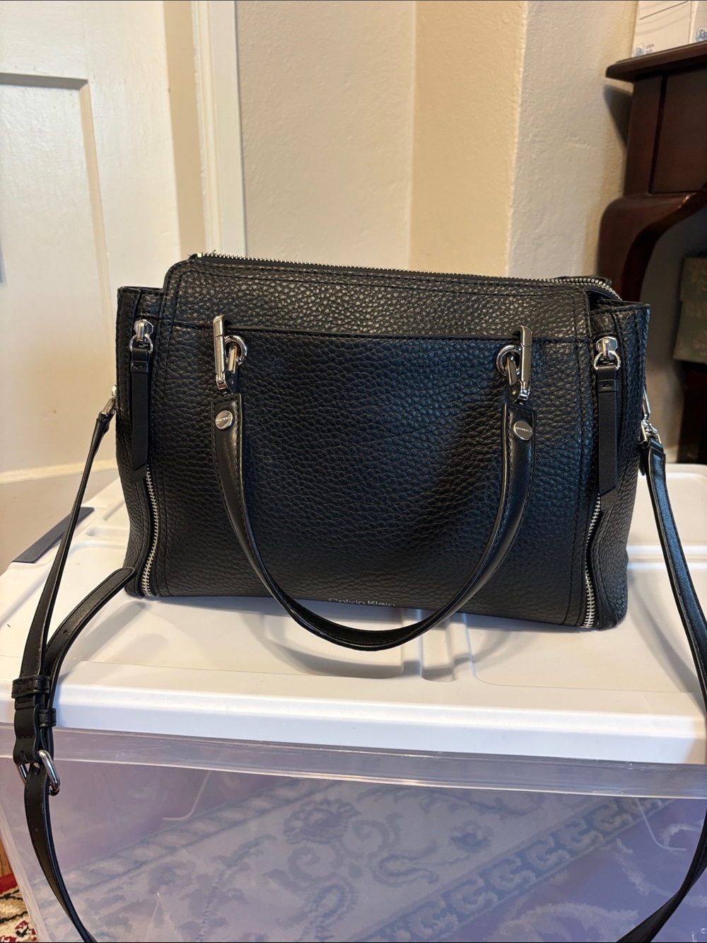 Calvin Klein Black Pebbled PU Leather Top-Handle Garnet Tote - Picture 11 of 15
